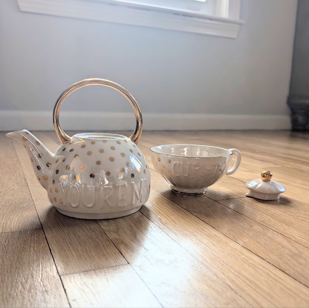 Anthropologie Sweet Sentiment You’re My Cup Of Tea Teapot Teacup Set - Picture 3 of 4